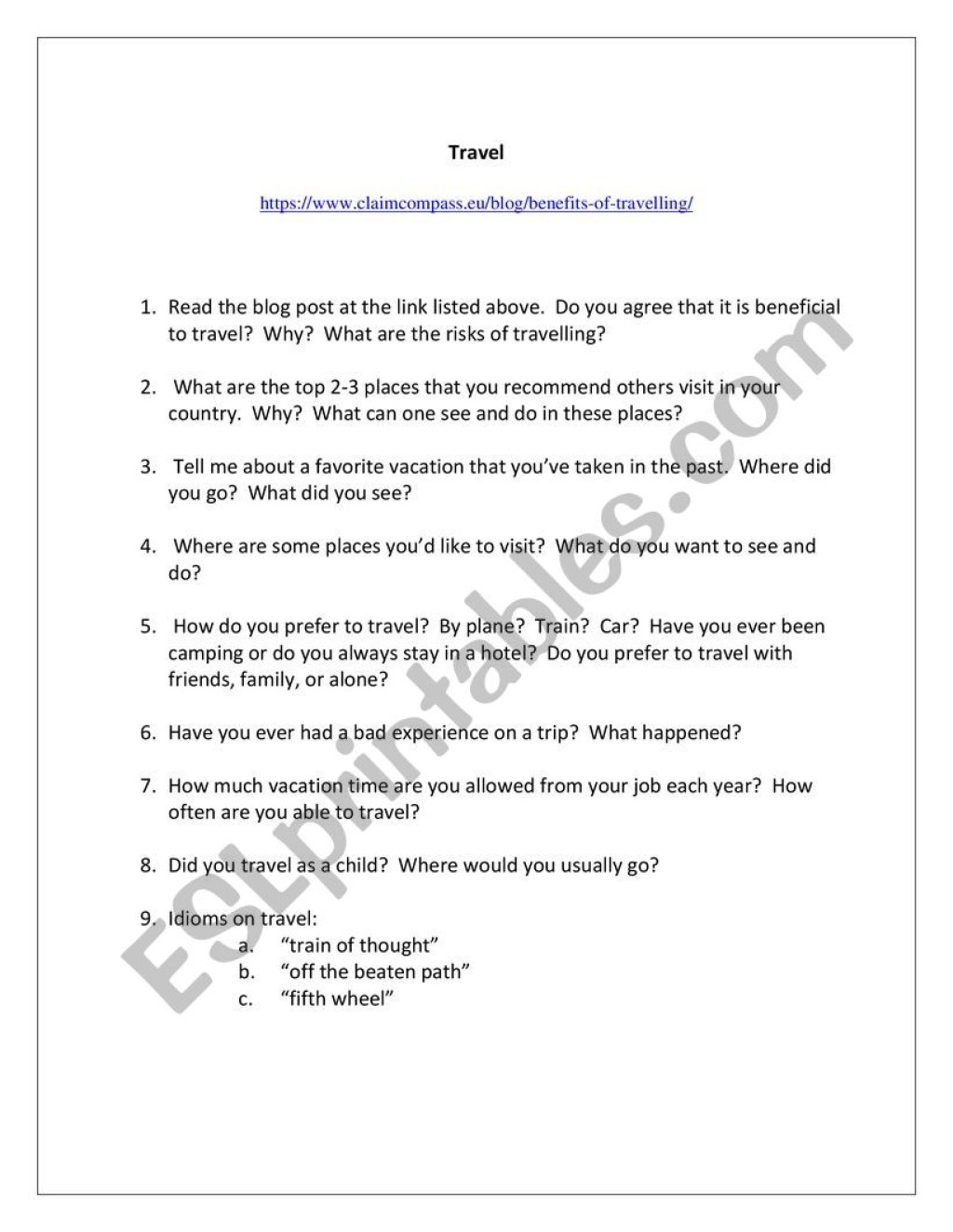 Picture of: Travel Conversation – ESL worksheet by Cindy