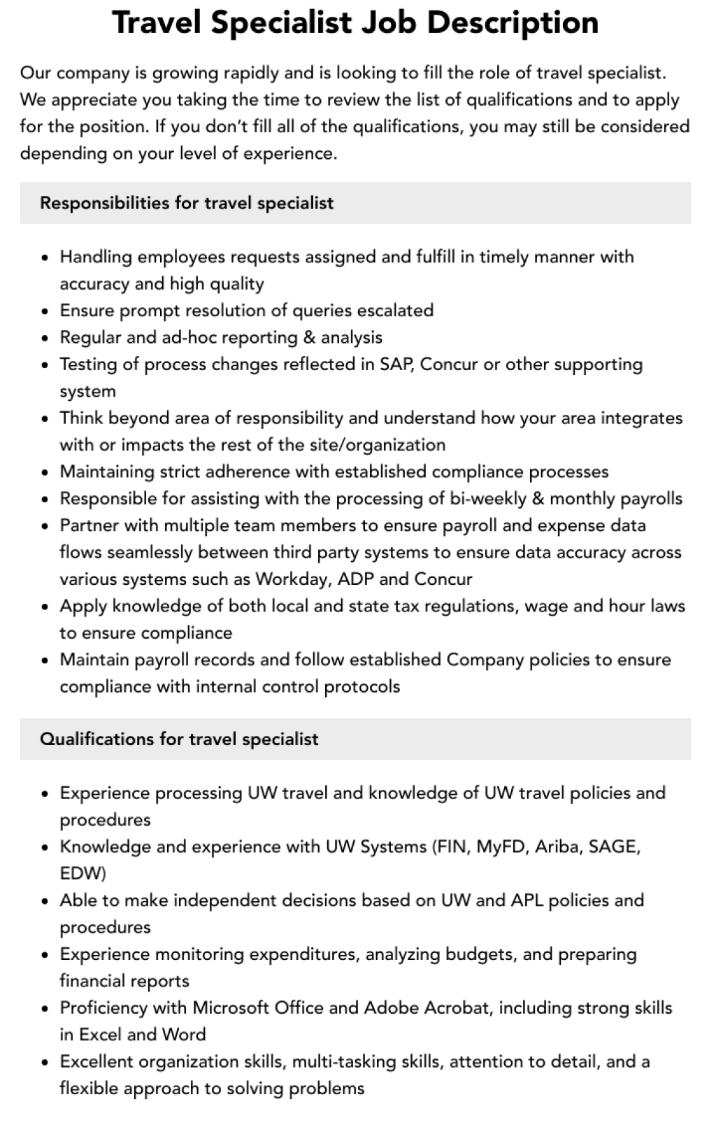 Picture of: Travel Specialist Job Description  Velvet Jobs